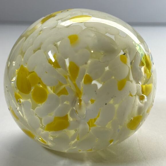 Vintage Hand Blown Art Glass Paperweight Speckle Yellow White Controlled Bubbles - Picture 2 of 4